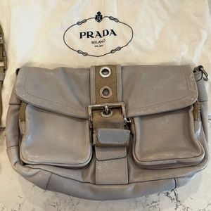 Vintage Prada Grey Leather and Tan Buckle Flap Shoulder Bag